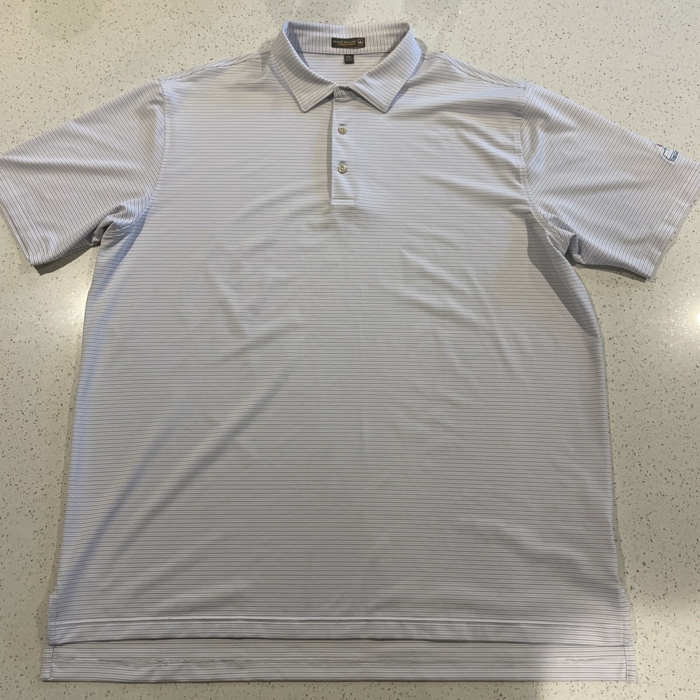 Peter Millar Polo Shirt Men XL Blue Strip Summer Comfort Poly Stretch Embroidery